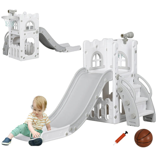 AIYAPLAY 4 in 1 Toddler Slide with Basketball Hoop, Climber, Telescope, Storage Basket, 1-3 Years, Grey