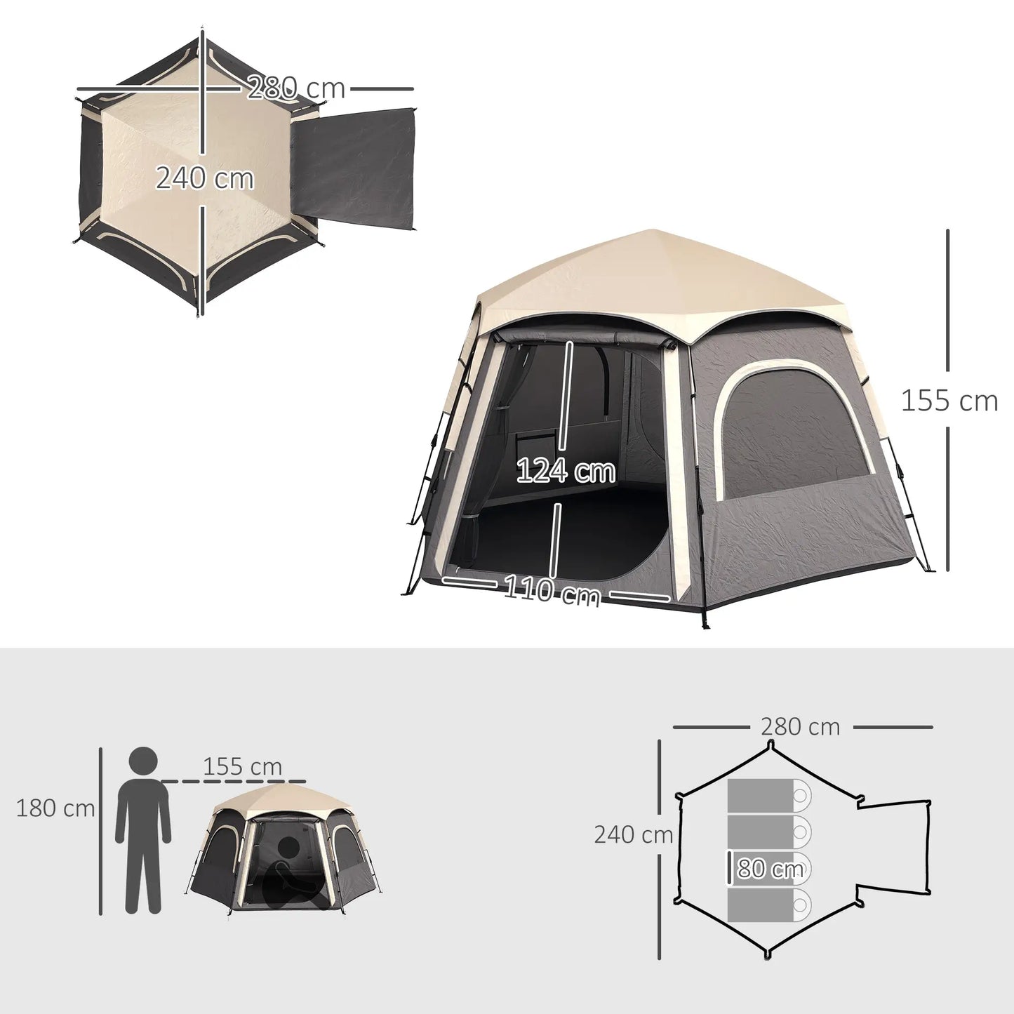 Outsunny Instant Camping Tent, Dome Family Tent with Vestibule, 4 Mesh Windows & 2 Doors, Waterproof & UV Protected, Dark Grey