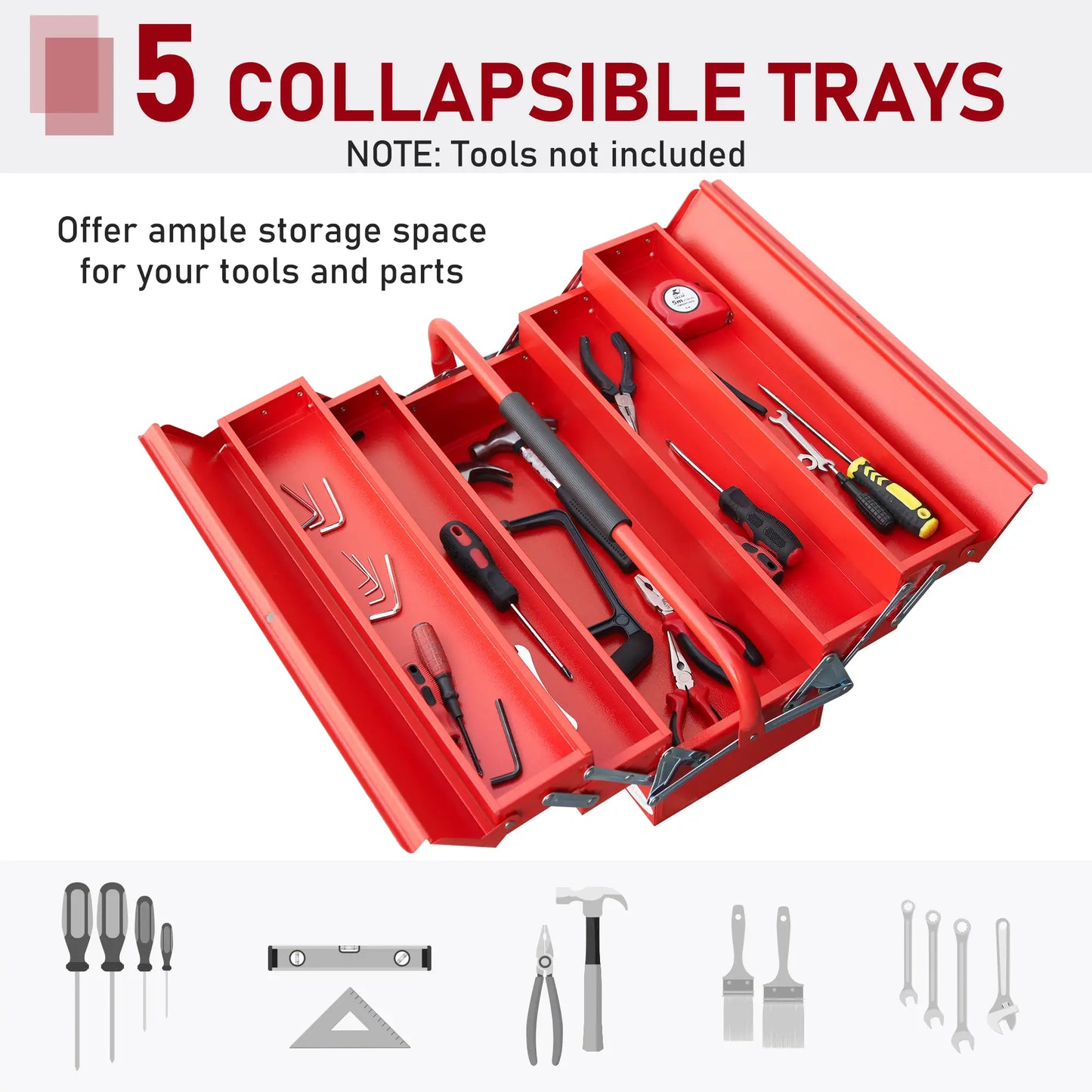 DURHAND Metal Tool Box 3 Tier 5 Tray Professional Portable Storage Cabinet Workshop Cantilever Toolbox with Carry Handle, Red