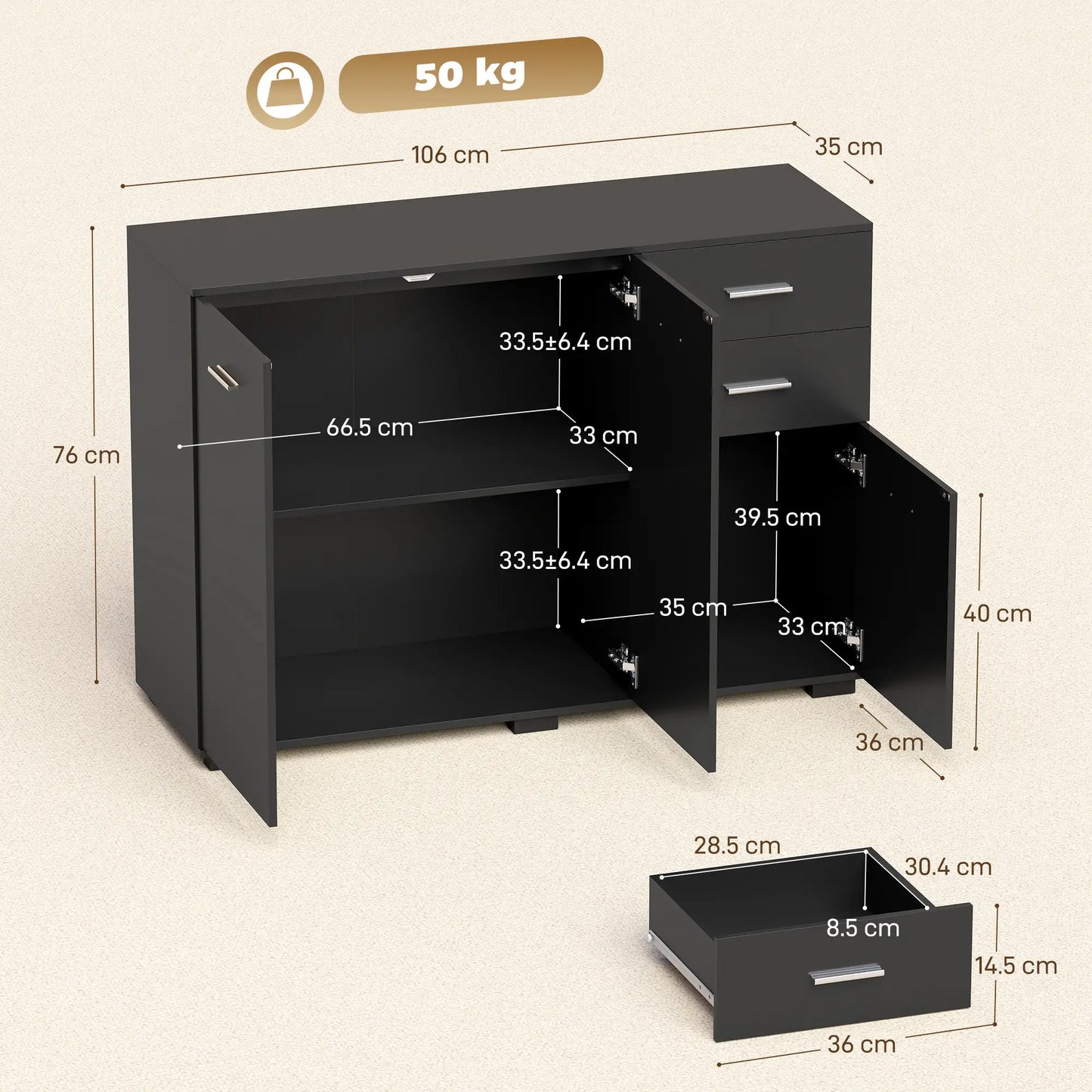 HOMCOM Sideboard, Modern Storage Cabinet with 2 Drawers, 3 Doors and Adjustable Shelves, Black