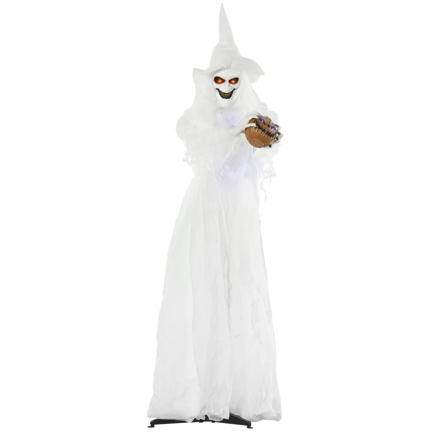 Outsunny Halloween Decorations White Witch Holding Pumpkin Head, Ghost Prop with Light Up Eyes & Body
