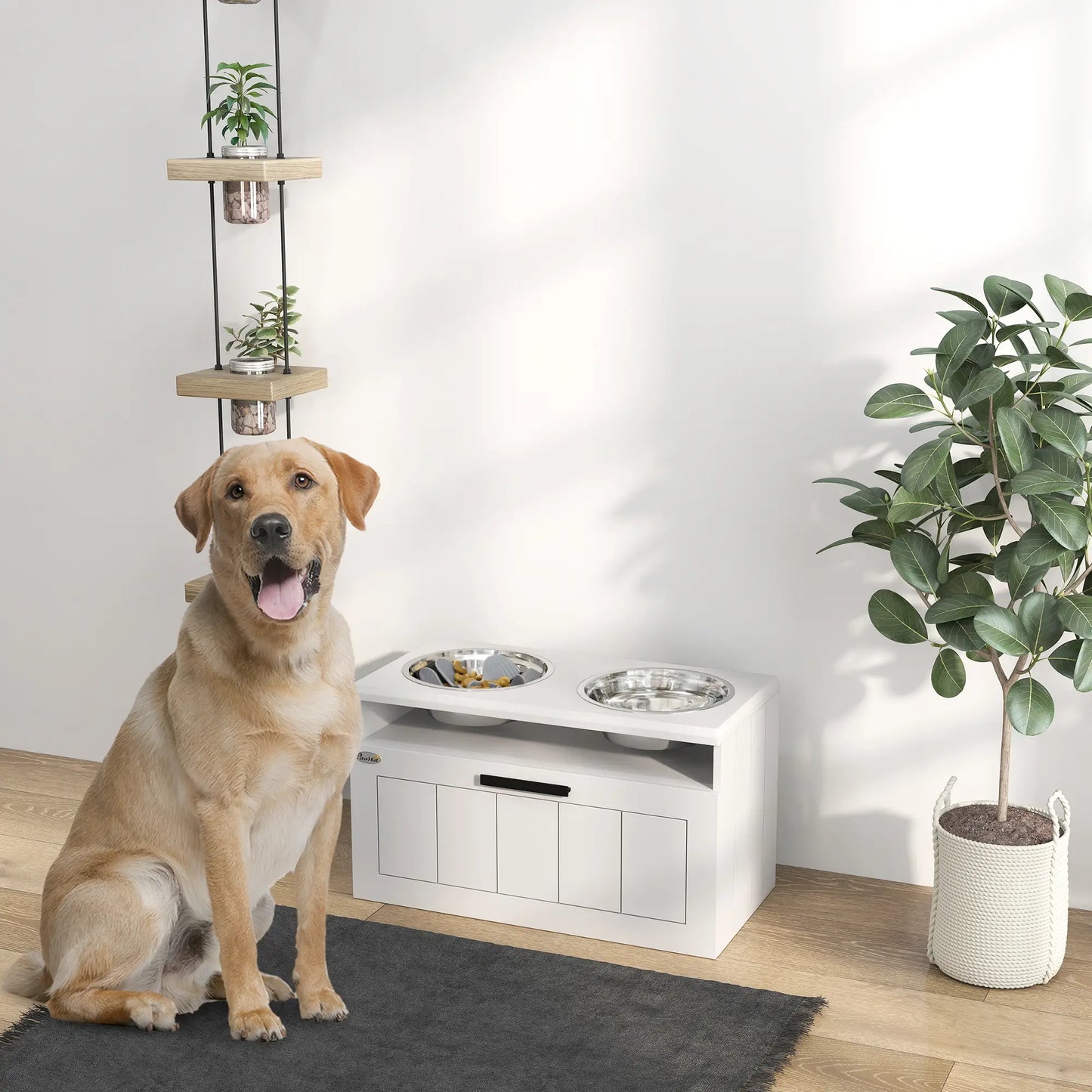 PawHut Raised Dog Bowl with Slow Feeder, Two Stainless Steel Bowls, Drawer for Large & Extra Large Dogs, White