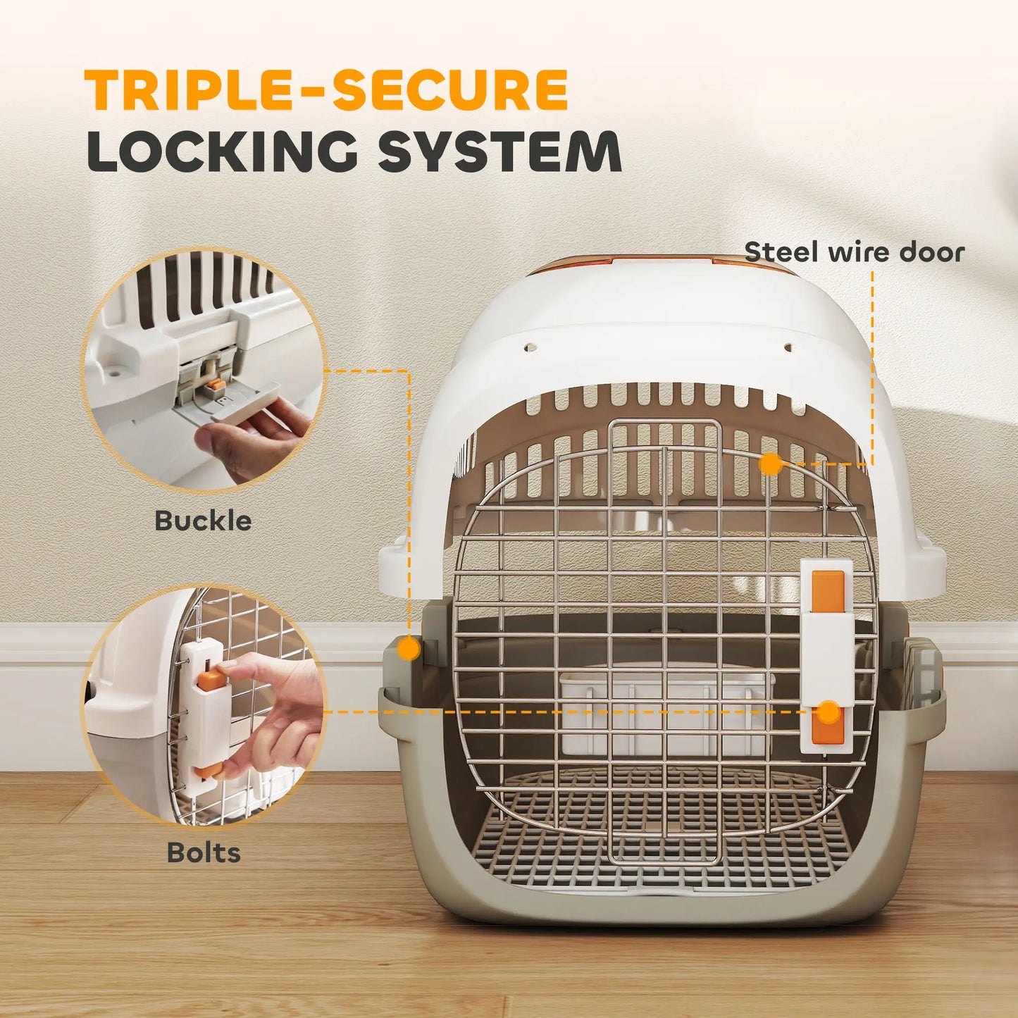 PawHut Plastic Pet Carrier Hard Shell Dog Cat Carrier Max 4 KG Steel Door Feed Bowl, Secure Lock