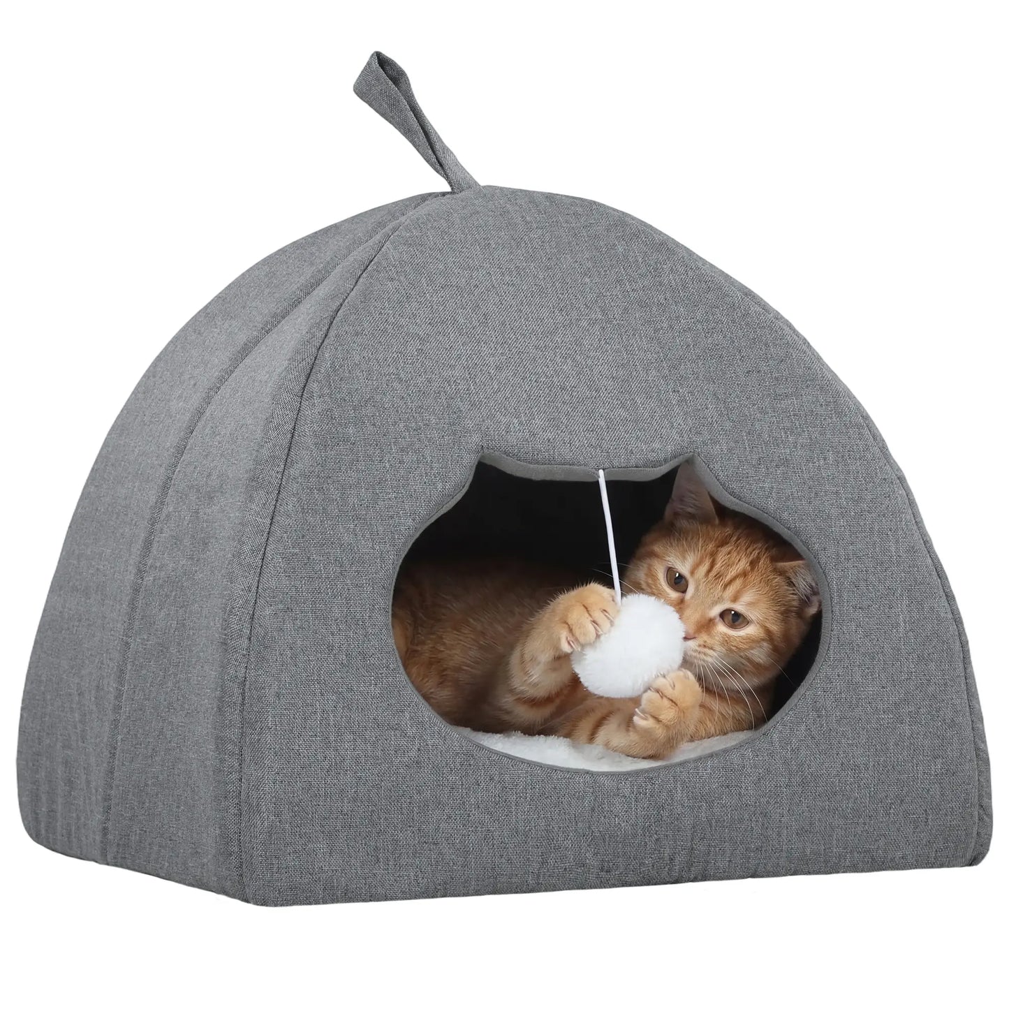 PawHut Cat Cave Bed for Indoor Kittens, Cat House with Removable Cushion and Teaser Ball, Kitty Igloo, Grey