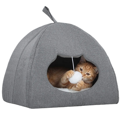 PawHut Cat Cave Bed for Indoor Kittens, Cat House with Removable Cushion and Teaser Ball, Kitty Igloo, Grey