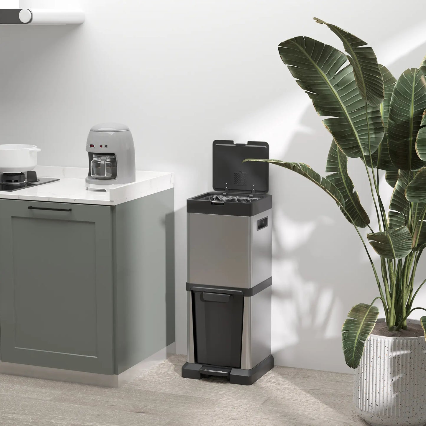 HOMCOM 34L Double Compartment Stainless Steel Kitchen Bin, with Soft-Close Lid