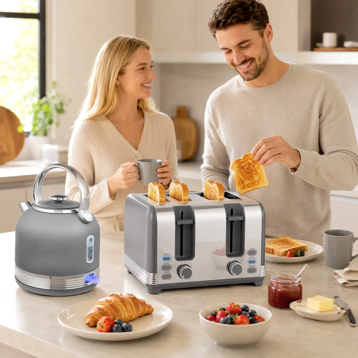 HOMCOM Stainless Steel Fast Boil Cordless Kettle and 4 Slice Toaster Kitchen Set, 1.7L 3000W, Grey