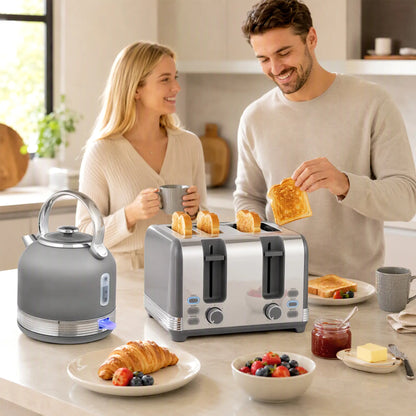 HOMCOM Stainless Steel Fast Boil Cordless Kettle and 4 Slice Toaster Kitchen Set, 1.7L 3000W, Grey