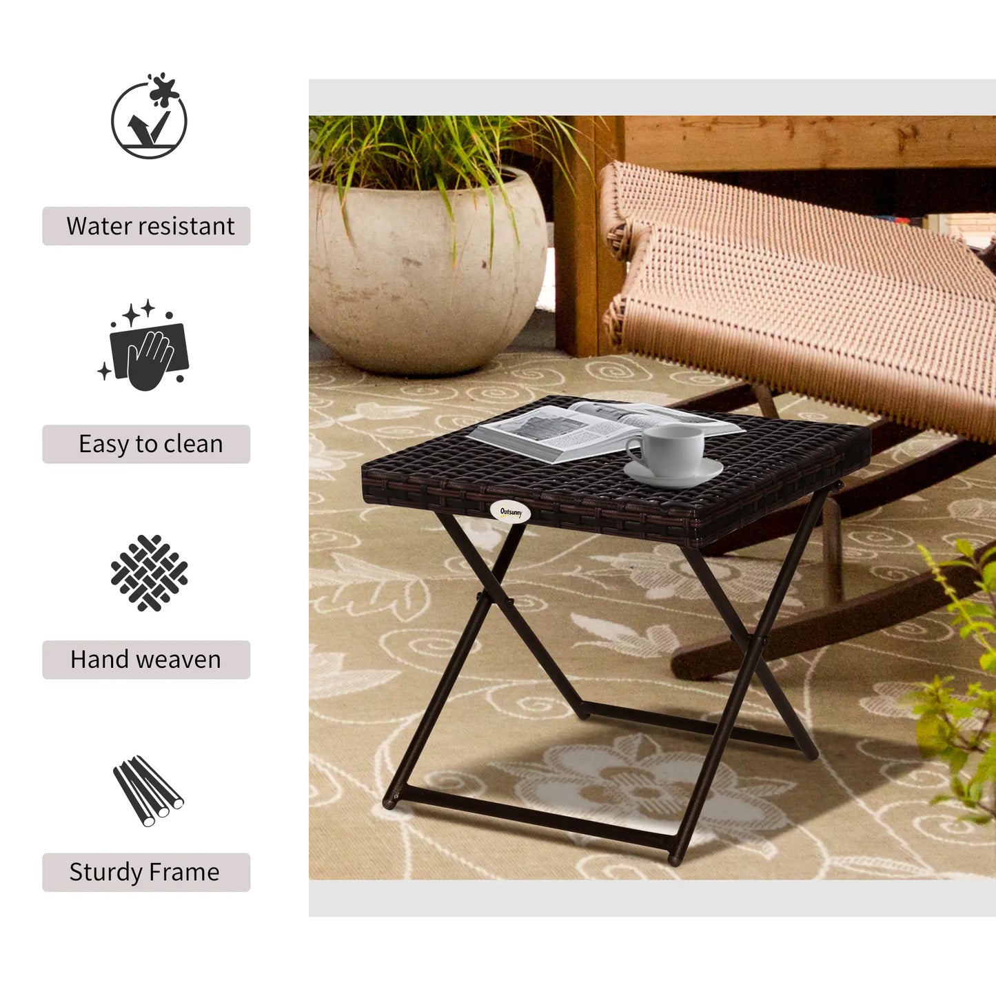 Outsunny Folding Rattan Garden Coffee Table, Small Square Outdoor Bistro Side Table for Patio, Balcony, Porch, Brown