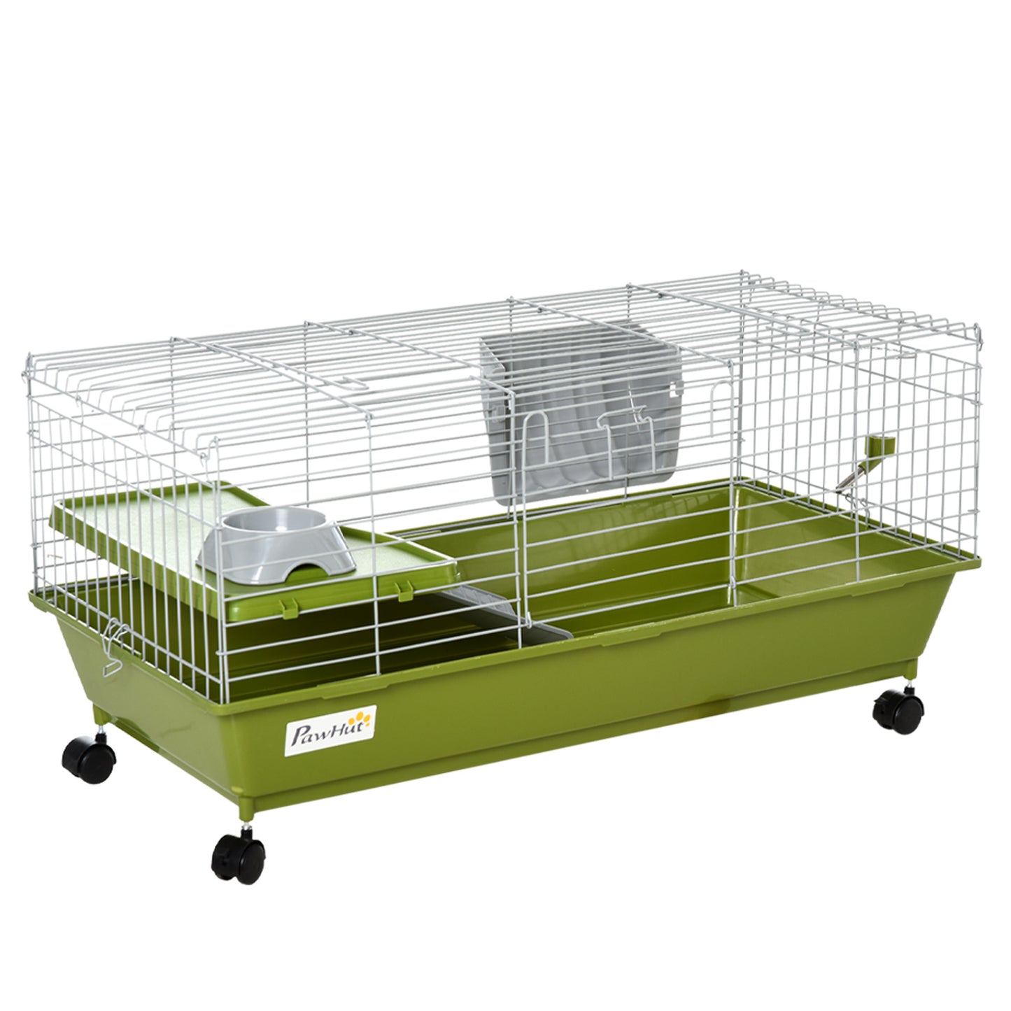 PawHut Small Animal Cage Rabbit Guinea Pigs Chinchillas Cage w/ Wheels, Water Bottle, Food Dish, Ramp, Green
