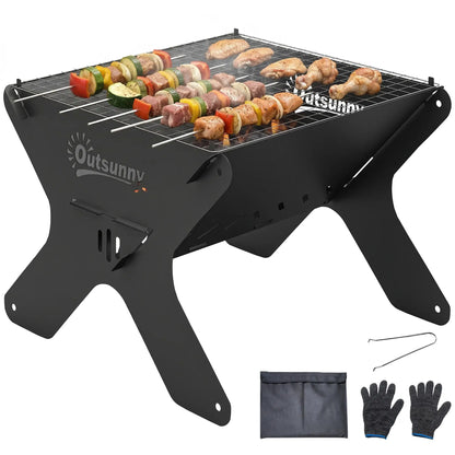 Outsunny 2-In-1 Portable BBQ Grill & Camping Fire Pit, Tabletop Charcoal Barbecue Grill with Gripper, Gloves & Carry Bag