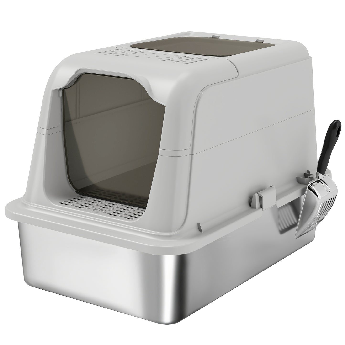 PawHut Extra Large Stainless Steel Litter Box, Enclosed Cat Litter Tray with Scoop, Deodorizer Bag, Front-Entry & Top-Exit