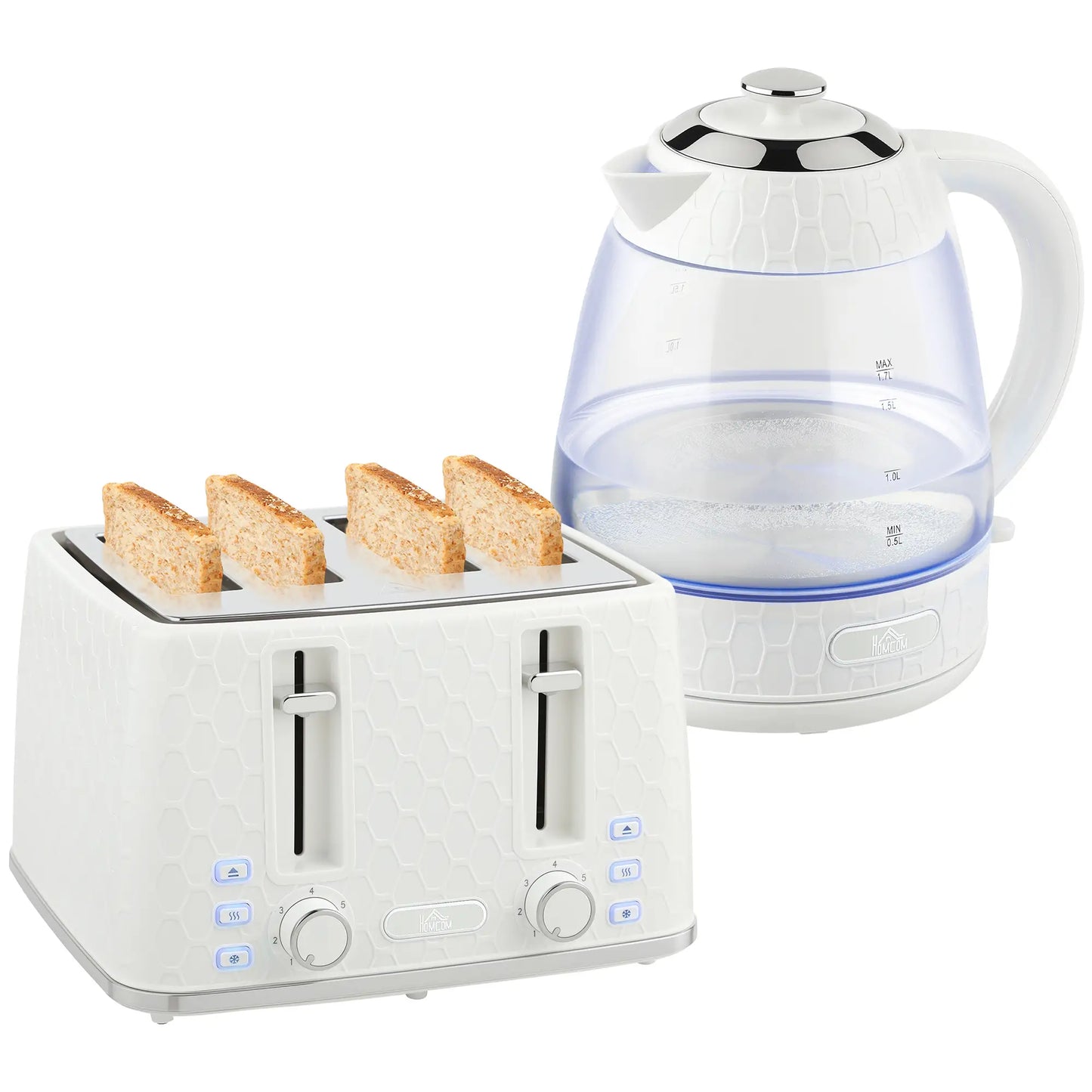 HOMCOM Rapid Kettle & Toaster Set, 1.7L 3000W, 4 Slice Toaster with 7 Browning Controls, Cream