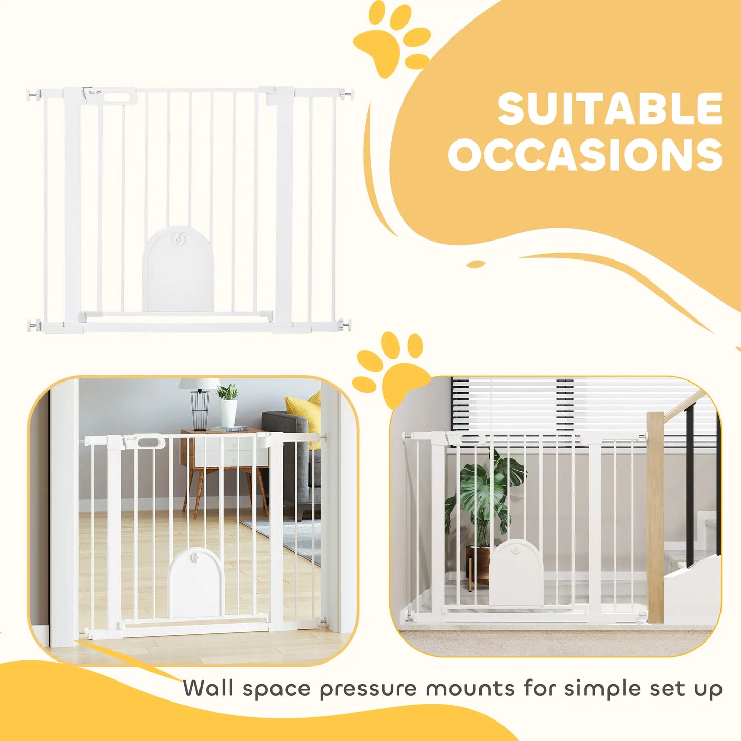 PawHut Dog Gate with Cat Flap Pet Safety Gate Barrier, Stair Pressure Fit, Auto Close, Double Locking, for Doorways, White