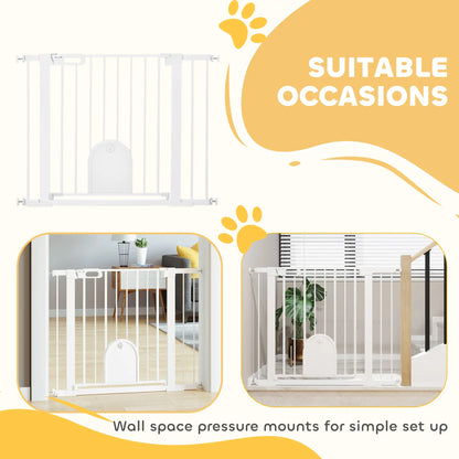 PawHut Dog Gate with Cat Flap Pet Safety Gate Barrier, Stair Pressure Fit, Auto Close, Double Locking, for Doorways, White