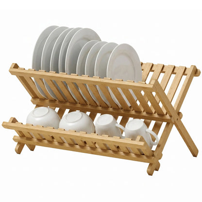 HOMCOM 2-Tier Foldable Kitchen Storage Rack with Slatted Draining Shelves, Natural Wood Finish