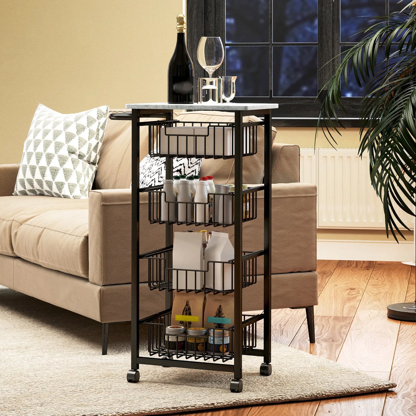 HOMCOM Movable Storage Trolley, Four Basket Mobile Kitchen Dining Island, with Brakes - Grey/Black