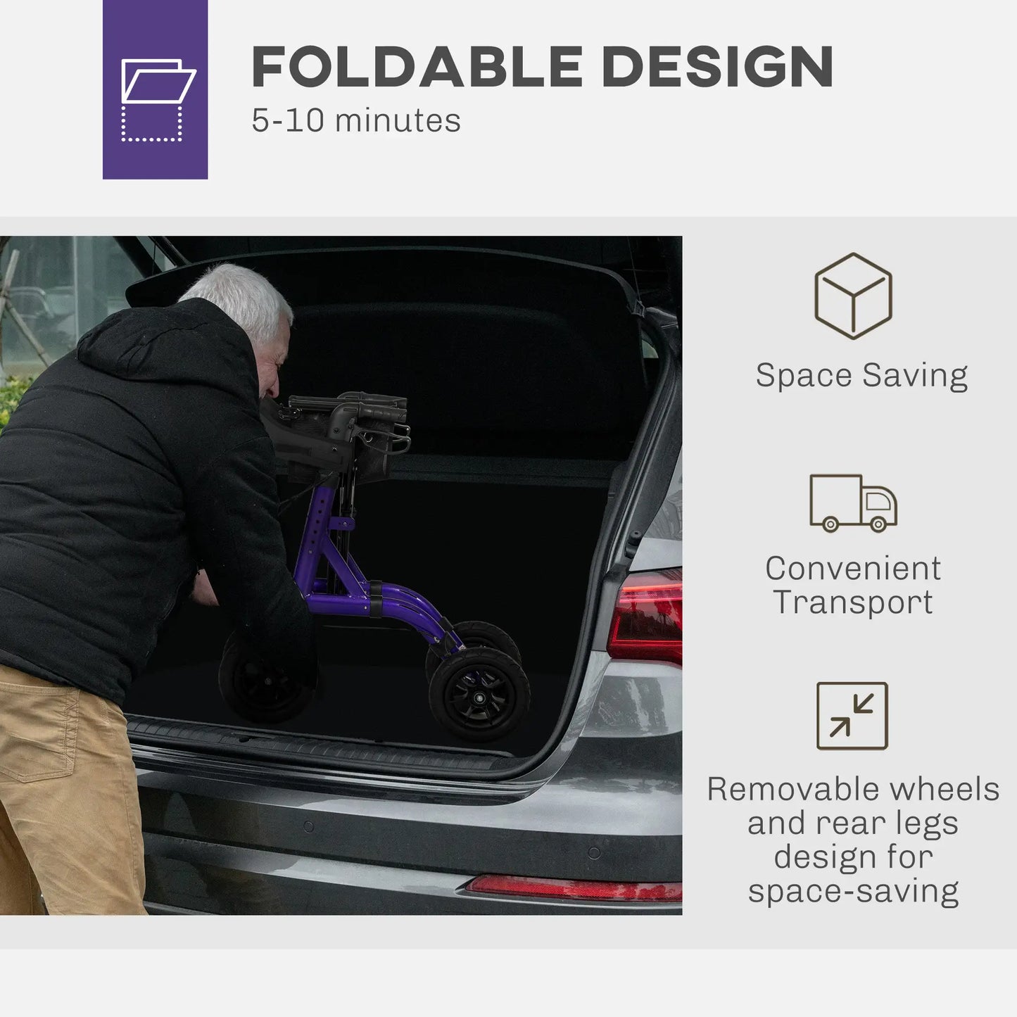 HOMCOM 4 Wheeled Folding Rollator Walker with Seat, Backrest, Lightweight Walking Frame with Dual Brakes, Adjustable Handle Height, Purple