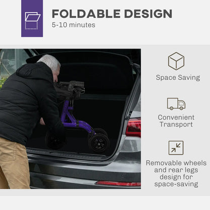 HOMCOM 4 Wheeled Folding Rollator Walker with Seat, Backrest, Lightweight Walking Frame with Dual Brakes, Adjustable Handle Height, Purple