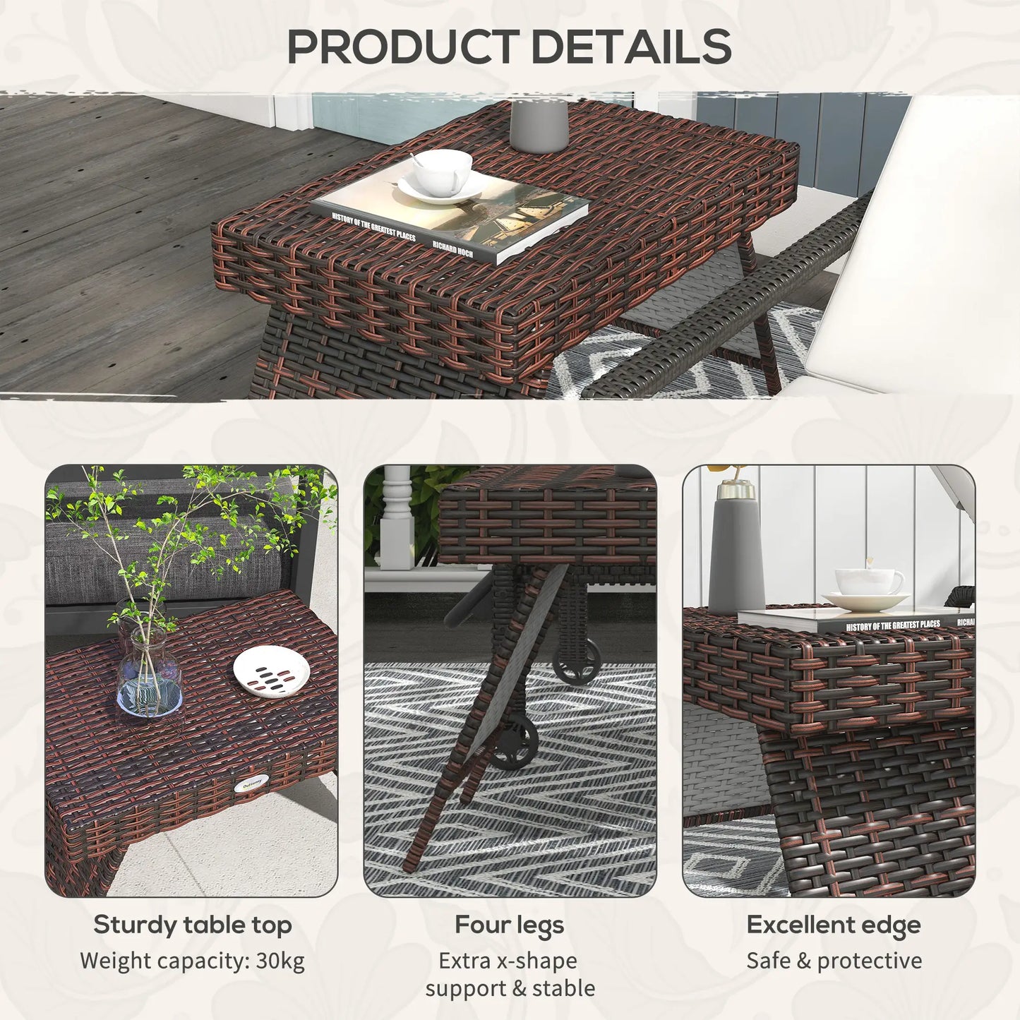 Outsunny Foldable Outdoor Side Table, Rattan Bistro Garden Coffee Table with Steel Frame, Brown