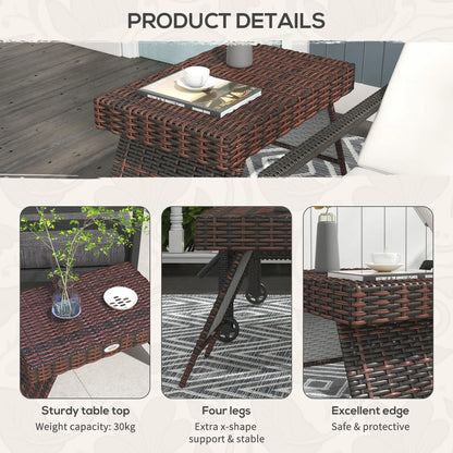 Outsunny Foldable Outdoor Side Table, Rattan Bistro Garden Coffee Table with Steel Frame, Brown