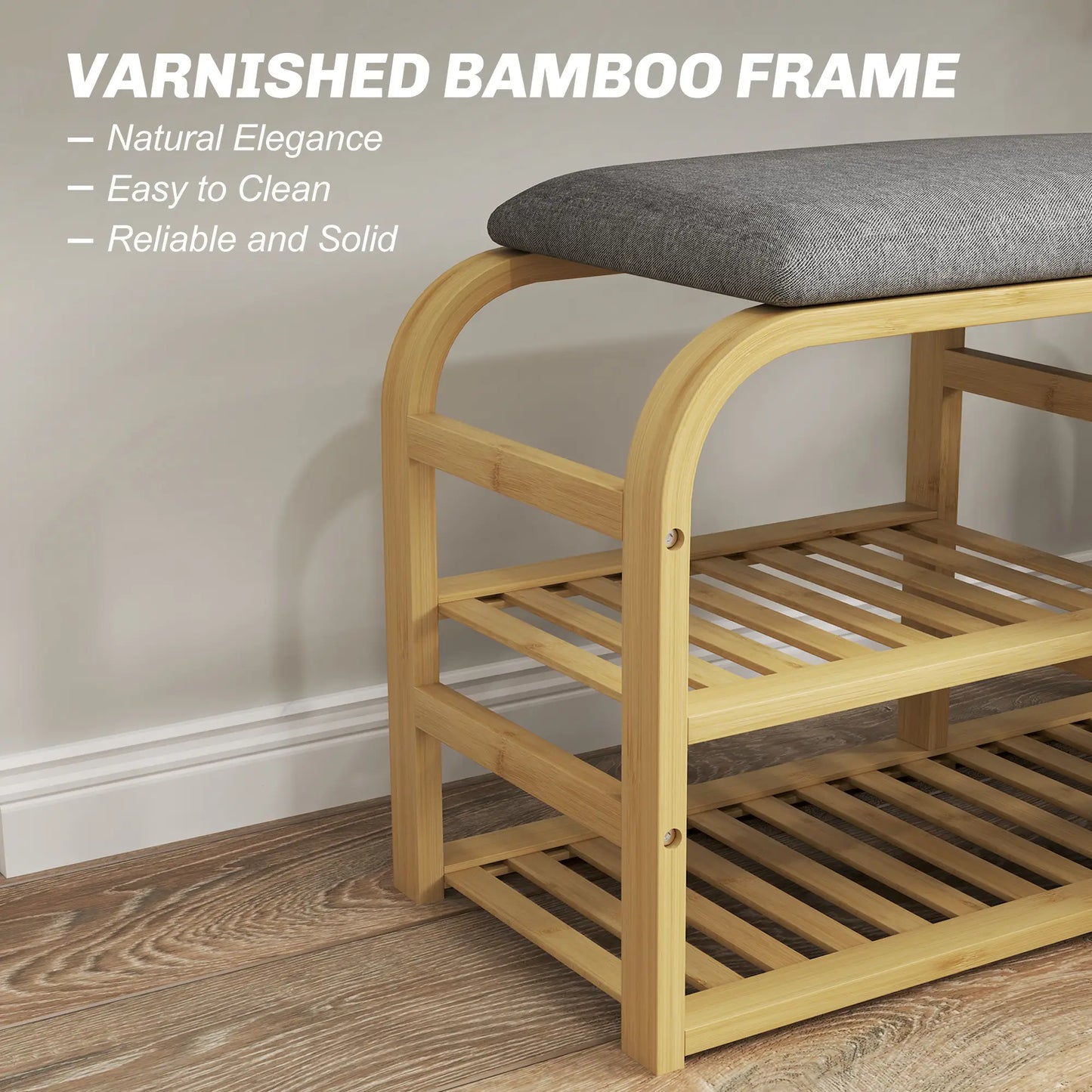 HOMCOM Bamboo Shoe Rack Storage Bench with Padded Seat - Nature Wood Finish