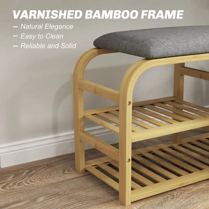 HOMCOM Bamboo Shoe Rack Storage Bench with Padded Seat - Nature Wood Finish