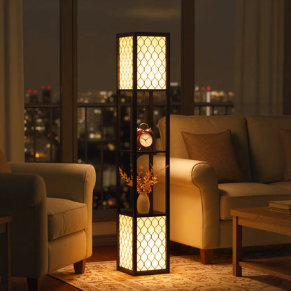 HOMCOM Floor Lamp with Shelves, Modern Tall Standing Lamp with Fabric Lampshade and Dual Light, Black