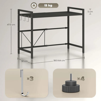 HOMCOM Kitchen Expandable Microwave Oven Rack Counter Organiser with 3 Hooks - Black