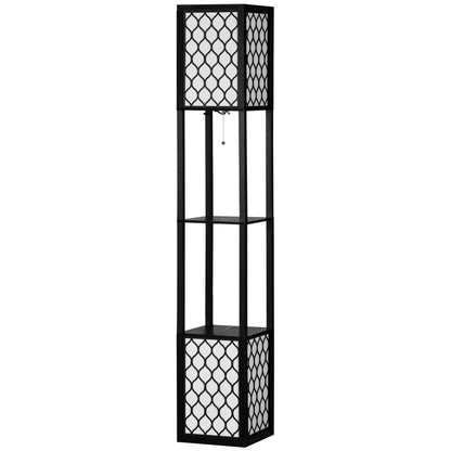 HOMCOM Floor Lamp with Shelves, Modern Tall Standing Lamp with Fabric Lampshade and Dual Light, Black